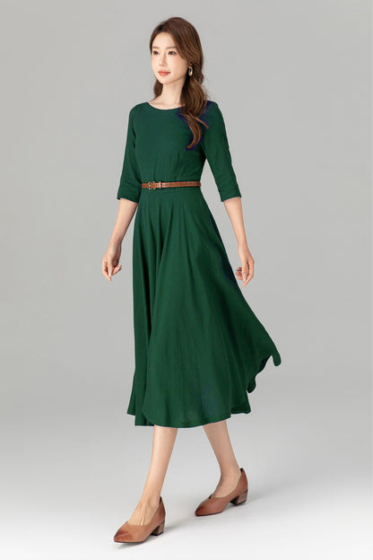 Emerald Green Linen Midi Dress – Handmade Fit & Flare Work Dress with Pockets | Xiaolizi 5580