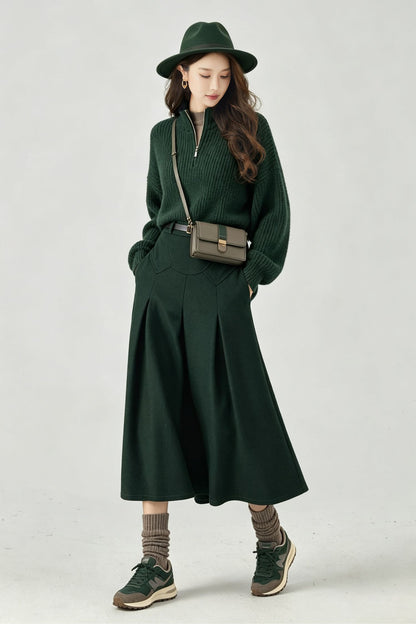 Vintage Dark Green Wool Swing Midi Skirt - High Waist A-Line Skirt 7014