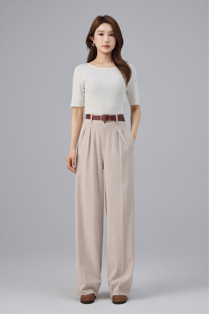 Beige Polyester Wide Leg Pants - High Waist Pleated | Xiaolizi 6761