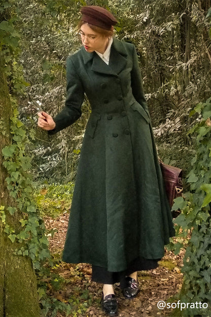 Handmade Dark Green Wool Maxi Coat – Vintage Double Breasted Fit and Flare | Xiaolizi 3221
