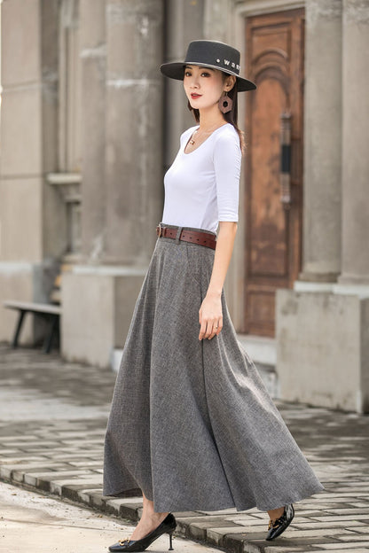 Gray A line High waist Linen Maxi Skirt with Pockets  2782