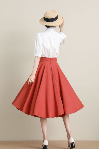 Orange Cotton Midi Skirt - High Waist Retro Circle Swing | Xiaolizi 3312