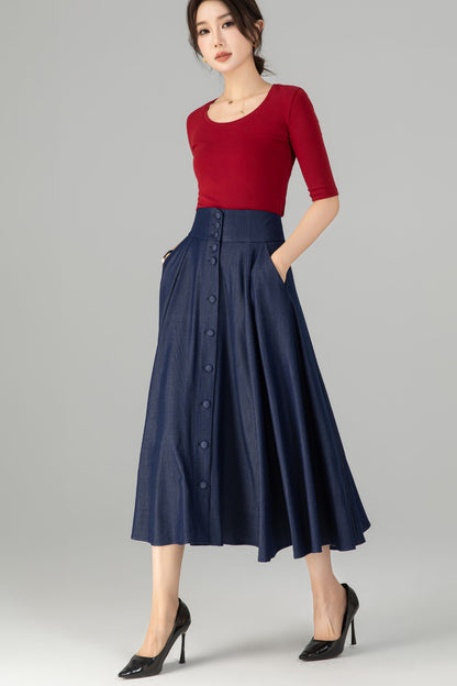 Navy Cotton Denim Midi Skirt - High Waist A-Line Button Front 5713