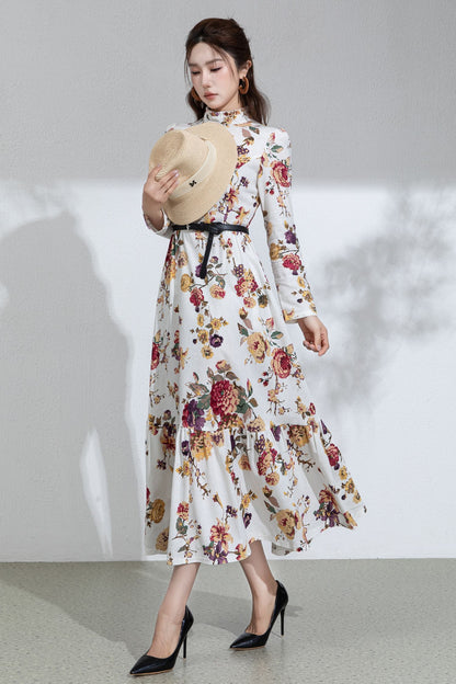 Floral Cotton Linen Maxi Dress: Ruffle High Neck Long Sleeve Dress 6713