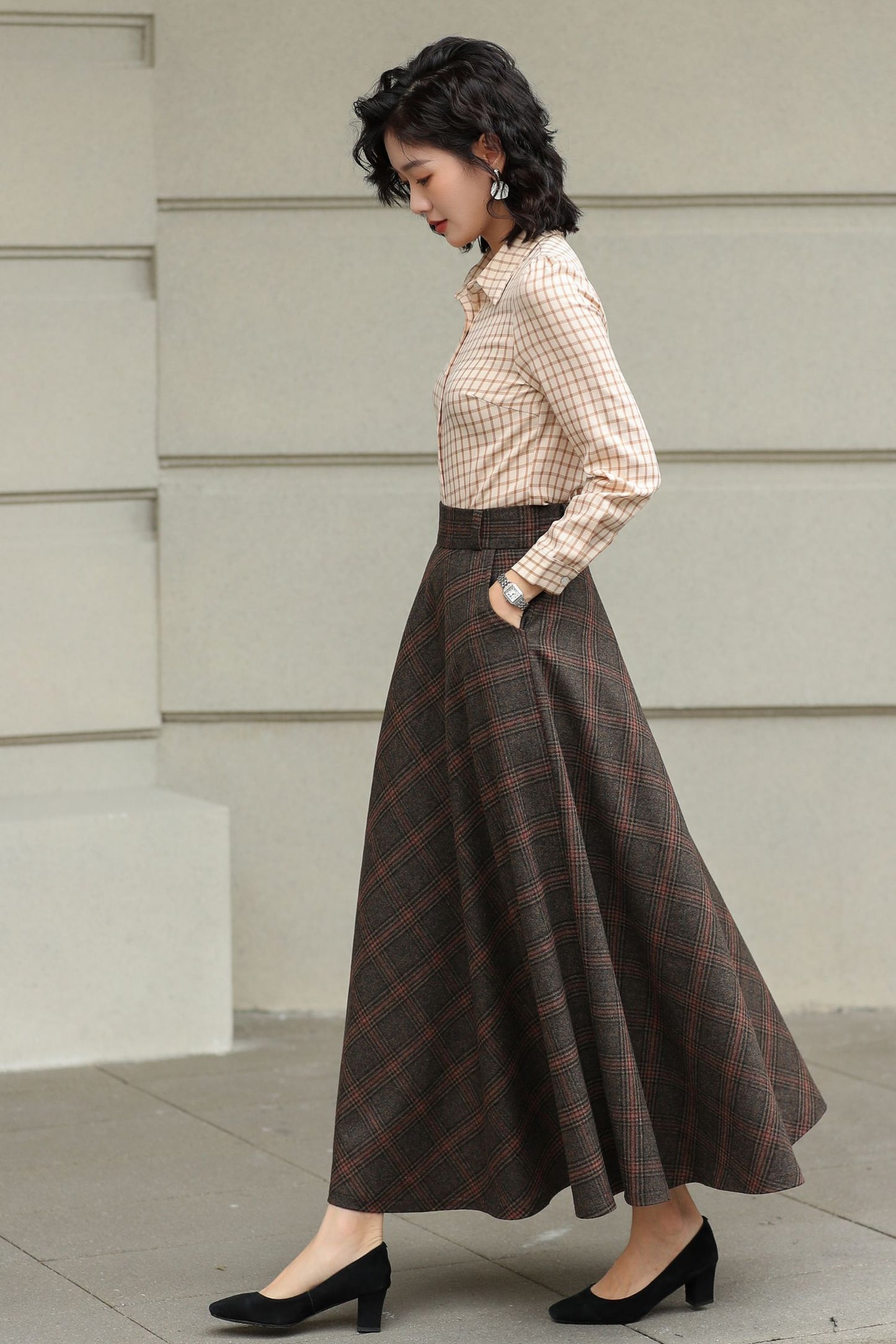 Handmade Dark Brown Plaid Wool Maxi Skirt – High Waist A-line Winter Elegance 6424