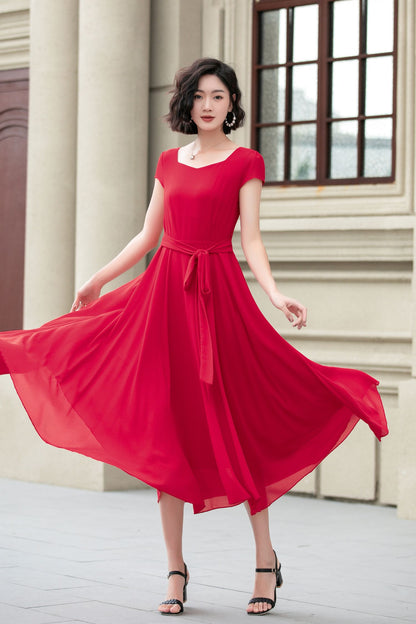 Red Chiffon Midi Dress - Fit and Flare with Sweetheart Neckline 5176