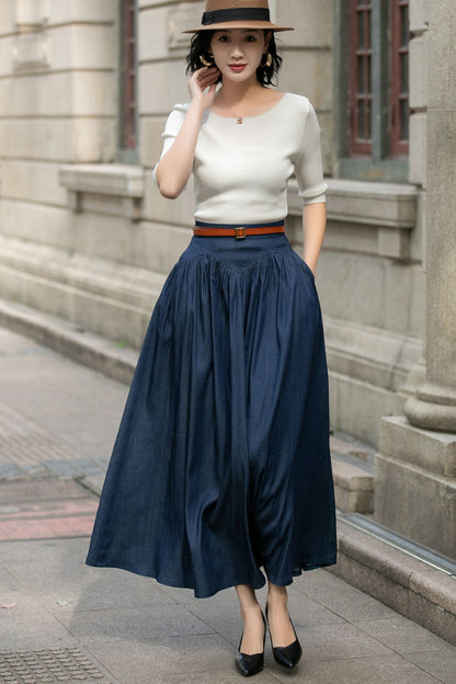 Navy Cotton Maxi Skirt - High Waist Pleated Two Pockets | Xiaolizi 5688