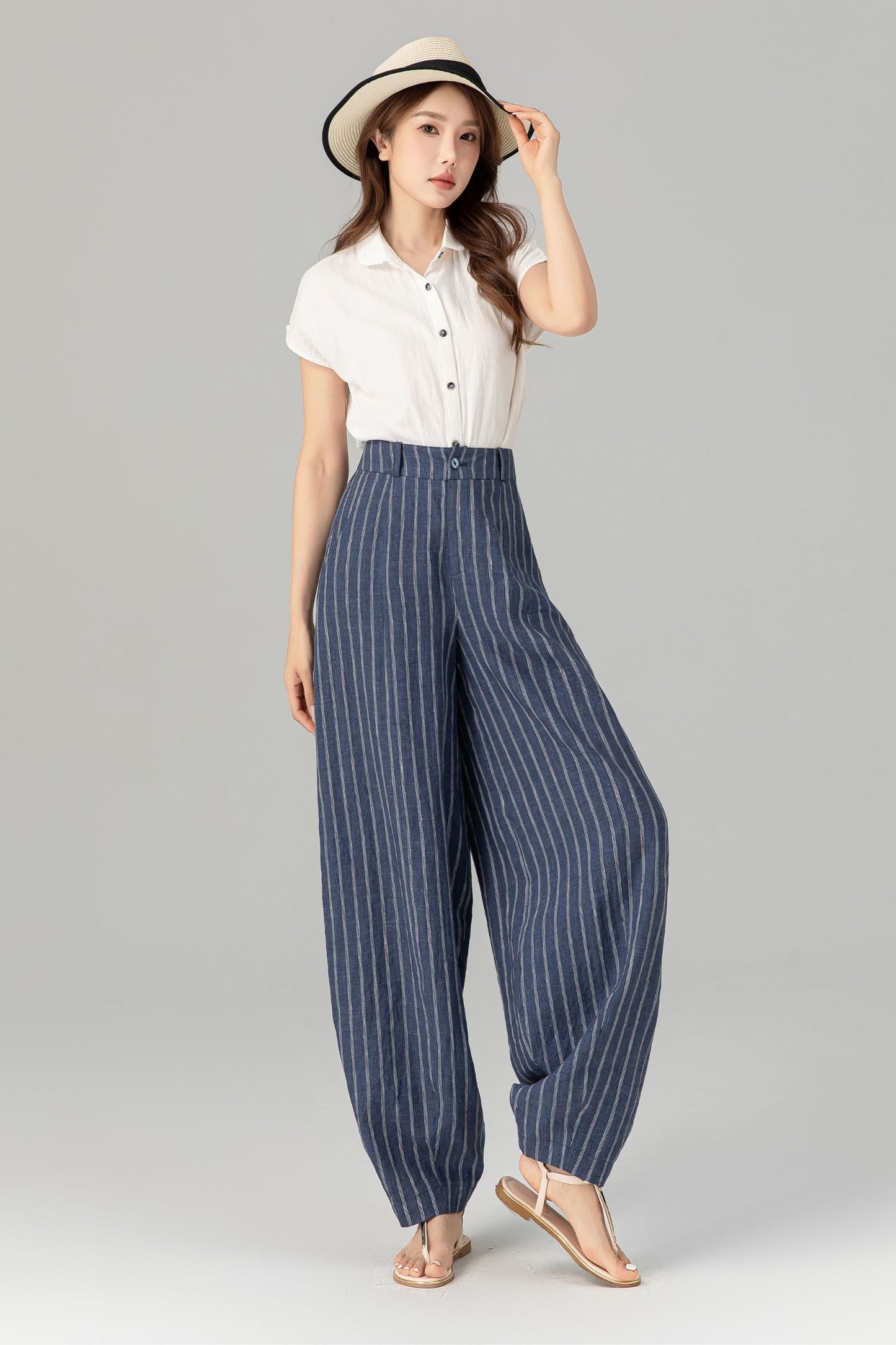 Plus size blue striple long linen pants 4939