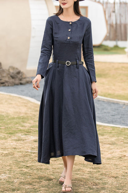 Long sleeves spring linen dress with pockets 2860