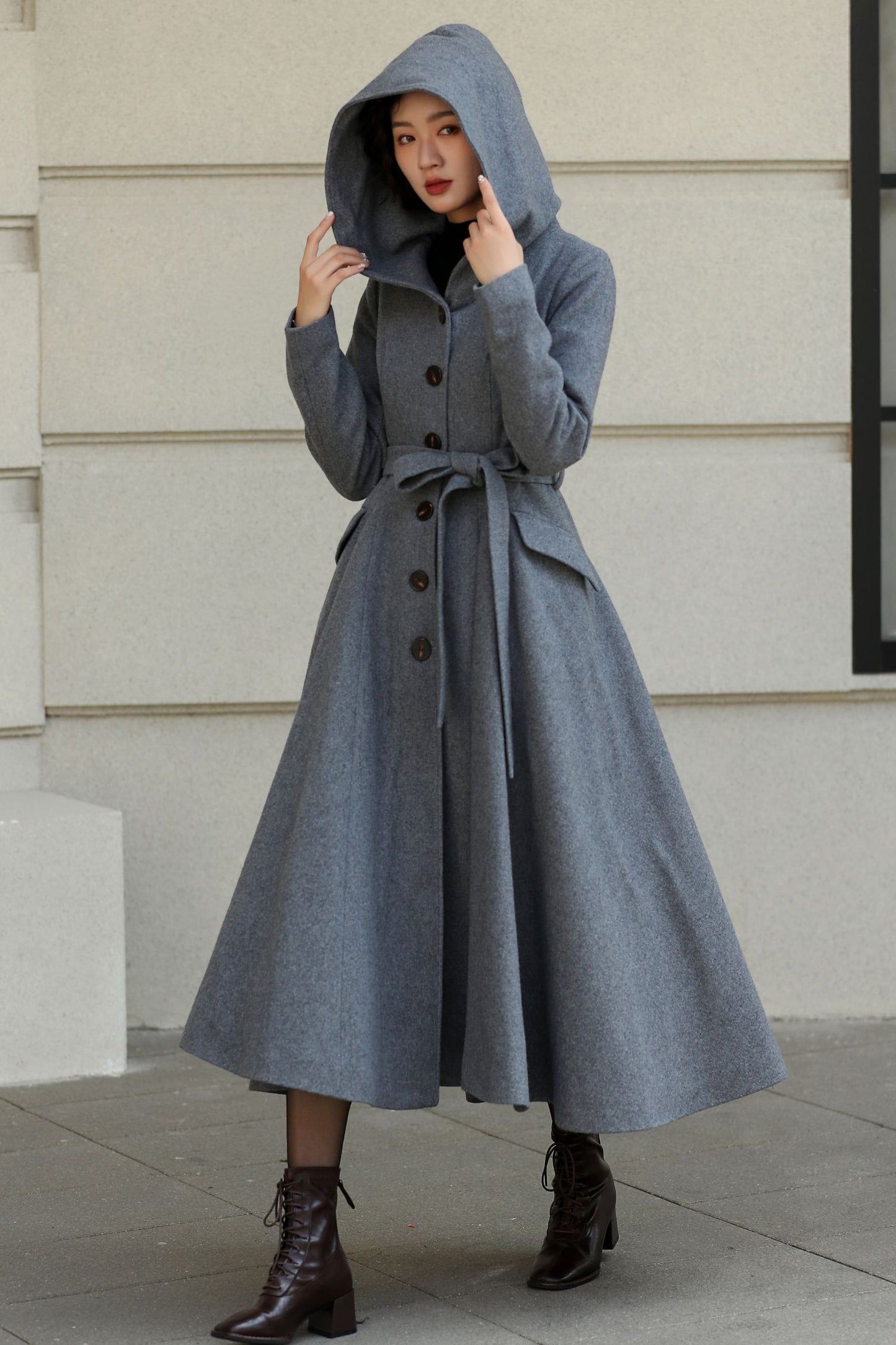 Hooded tie belt gray long winter wool coat 6535