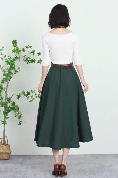 Green Linen Midi Skirt - High-Waisted A-Line with Pockets 5745