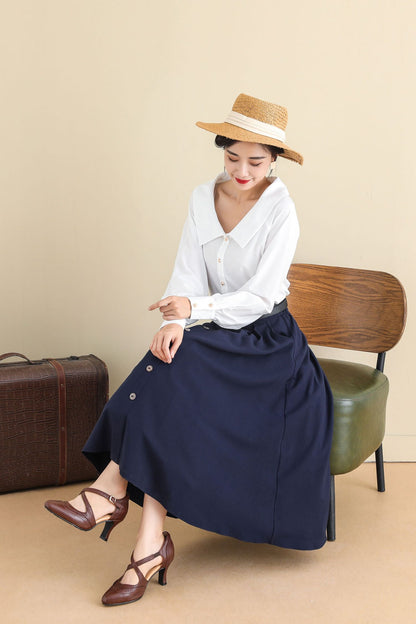 Navy Buttoned Cotton Blend Midi Skirt - A-Line, Vintage Inspired 2786