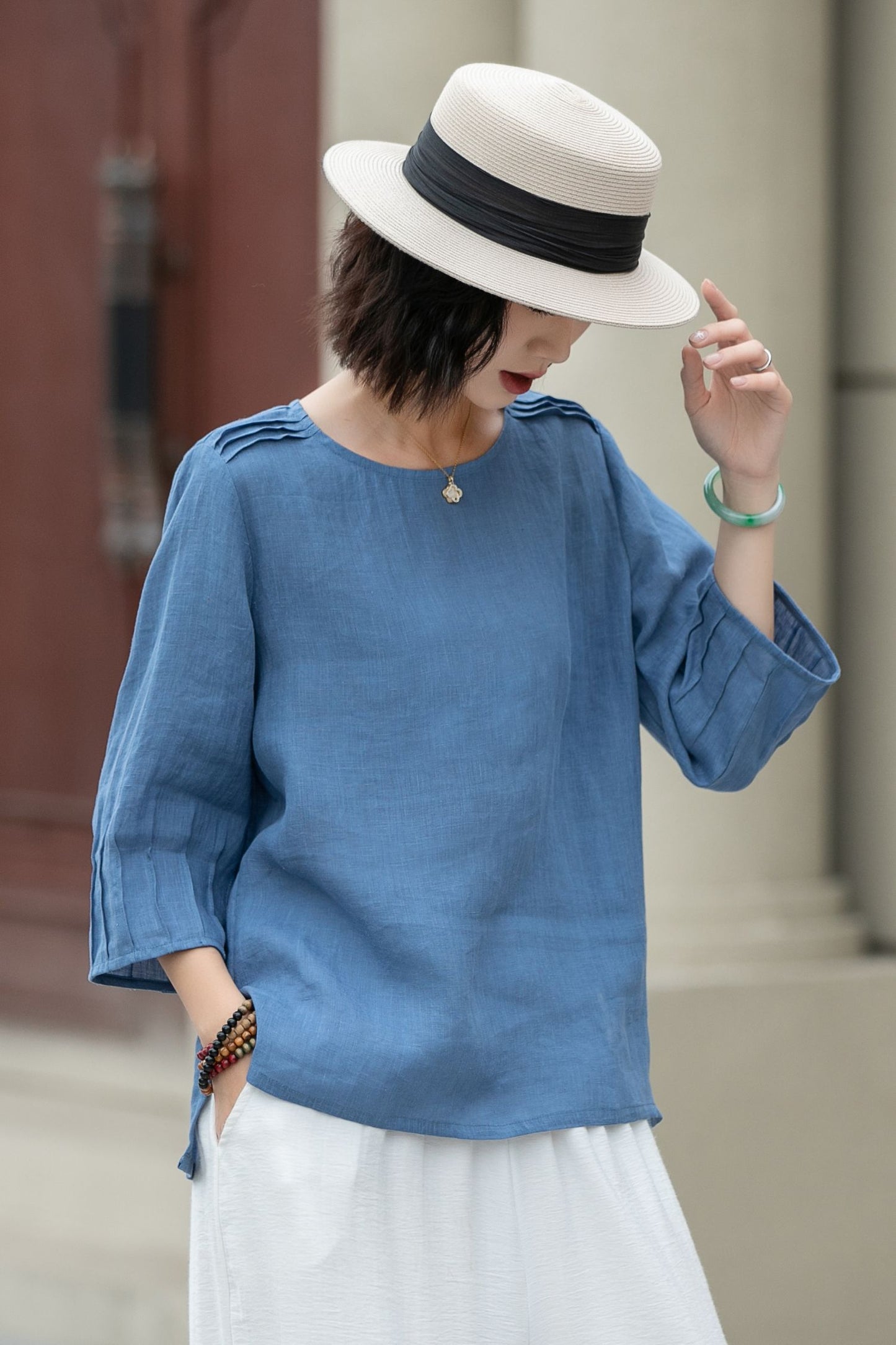 Blue summer linen top blouse 5221