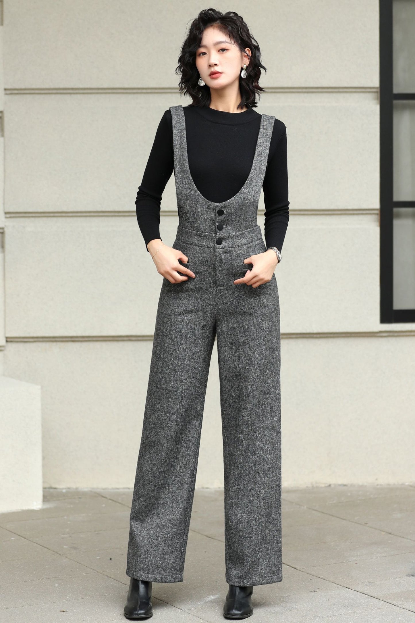 Long Suspender Wool Pants Women 6428