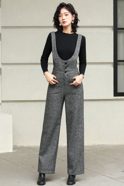 Long Suspender Wool Pants Women 6428