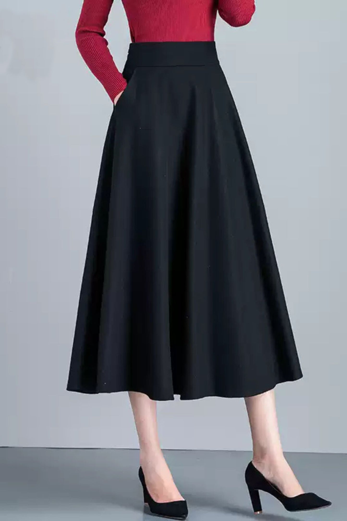 Handmade Wool Midi Skirt – Vintage A-Line High Waist with Pockets 6212