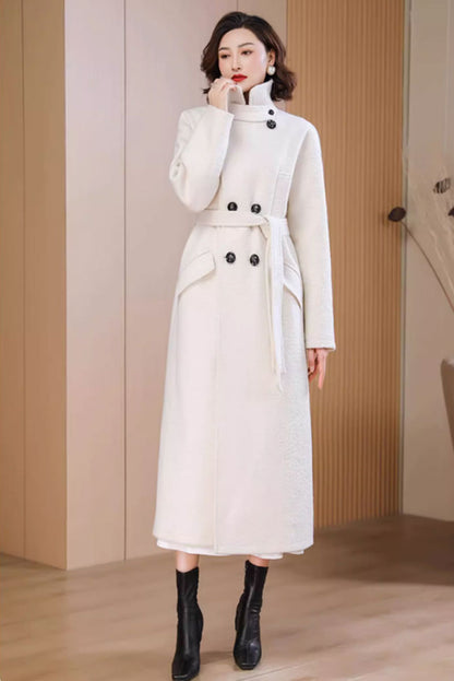 White Wool Long Coat - Belted Waist, Button Front Closure 4711