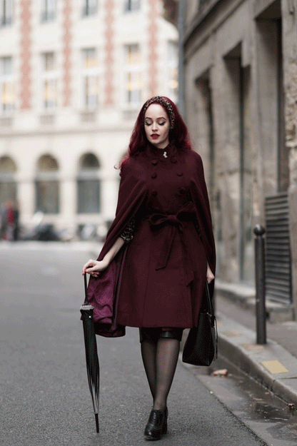 Burgundy Wool Cape Coat – Handmade Vintage Stand Collar Cloak with Belt 4728
