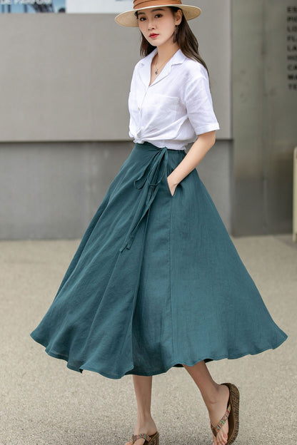 Green Swing Linen Midi Wrap Skirt 4269