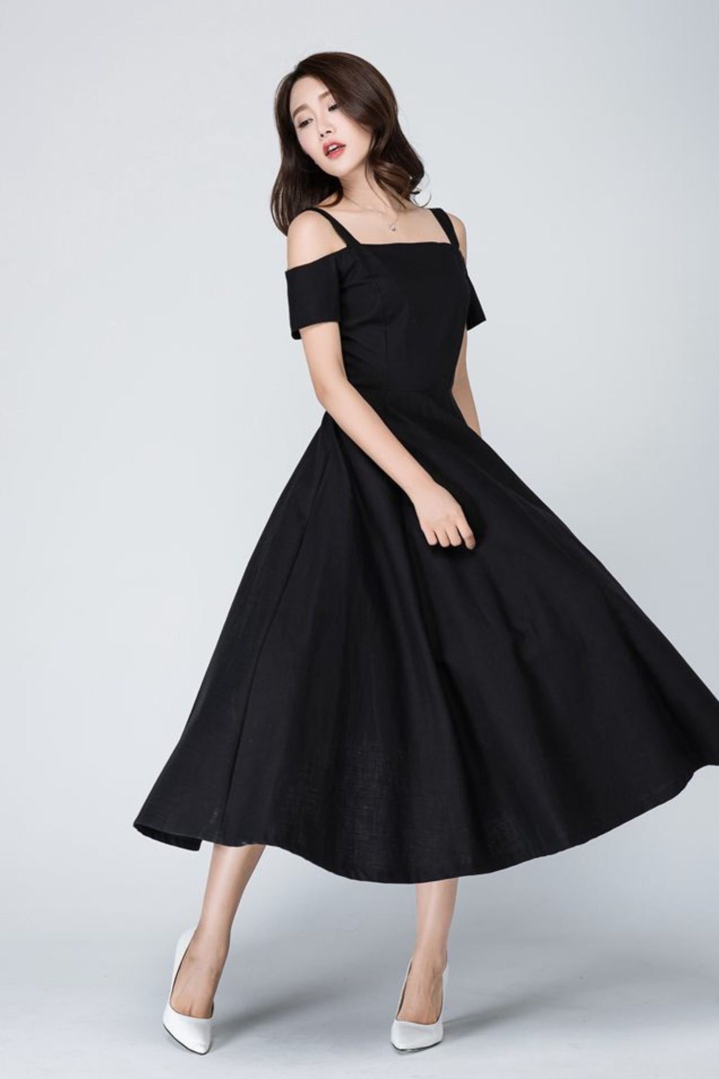 Vintage Off shoulder black linen Maxi dress 1576