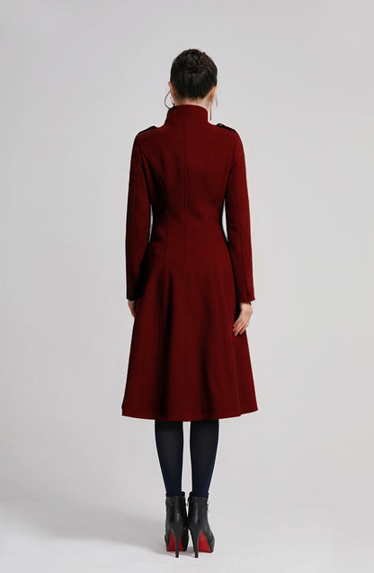 Wine Red Wool Coat - Double Breasted A-Line Silhouette 5614