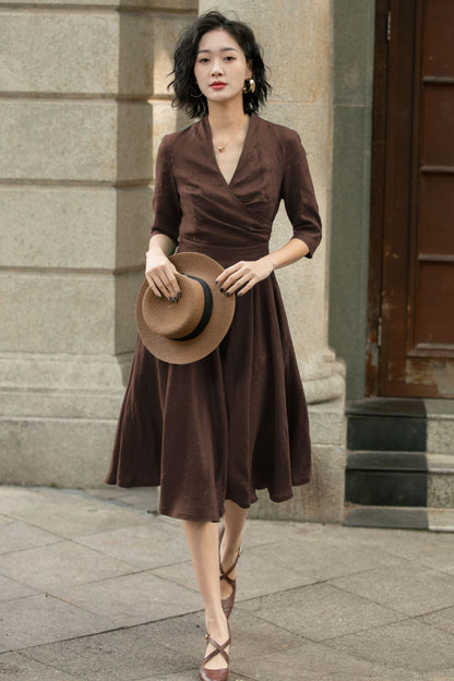 Brown Linen Midi Dress - A-Line V-Neck Pleated | Xiaolizi 5754