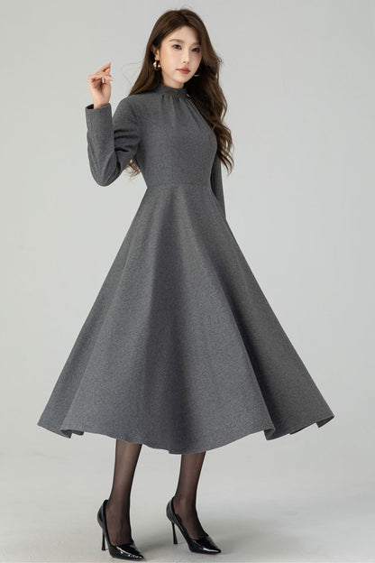 Retro gray swing wool dress 4549