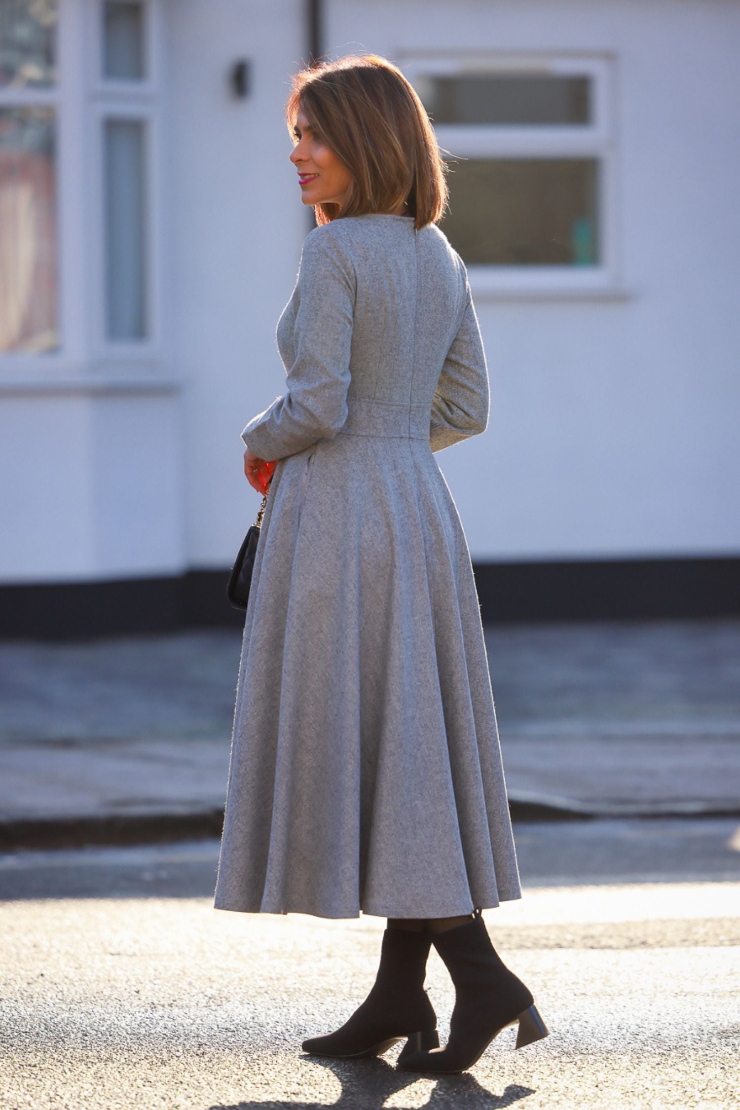 Gray Wool Long Sleeve Midi Dress Handmade Winter Elegance | Xiaolizi 4143 Gray / M Gray Wool Long Sleeve Midi Dress Handmade Winter Elegance | Xiaolizi 4143 Gray / M
