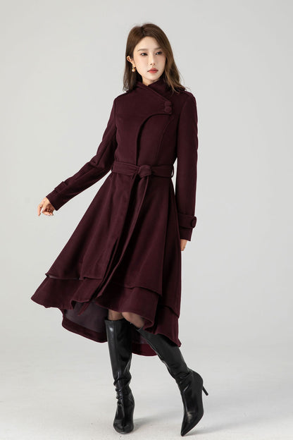 Burgundy Midi Asymmetrical Winter Wool coat 4603