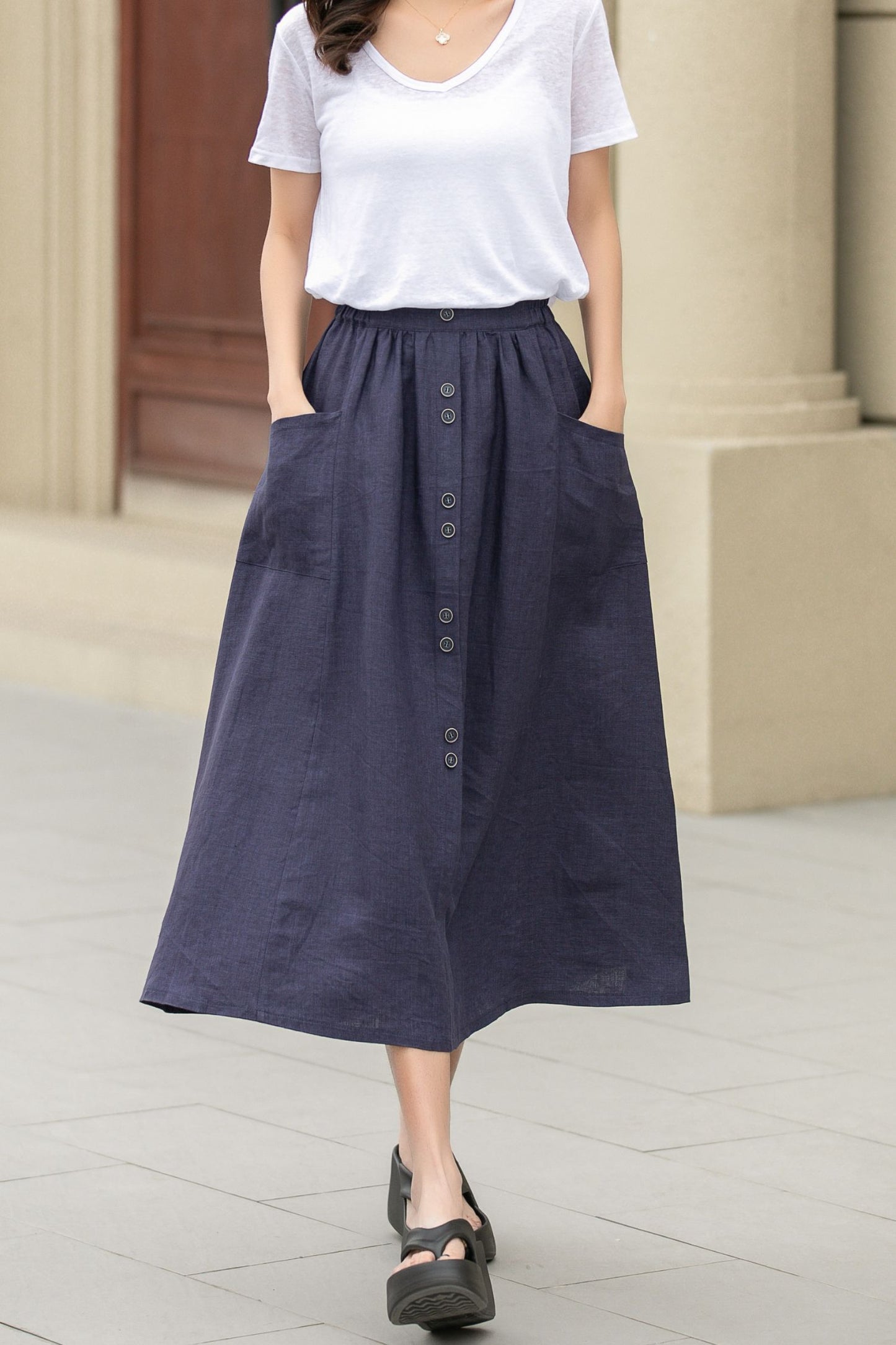 Button up midi summer linen skirt 4944