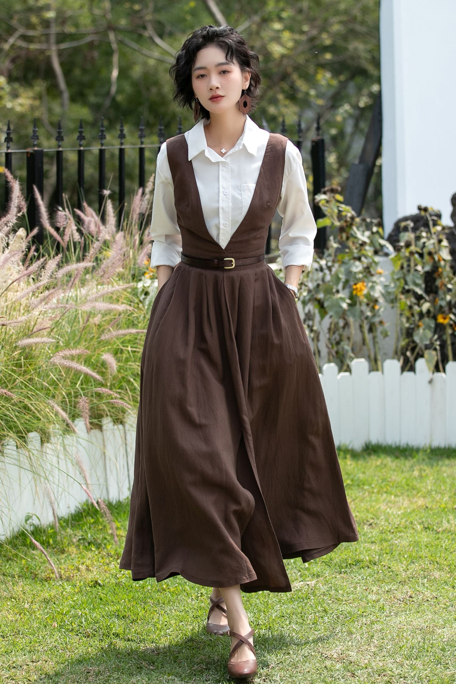 Brown Linen Cotton Pinafore Dress - Deep V Neck | Xiaolizi