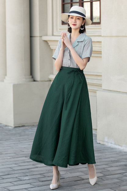 Green Linen Wrap Maxi Skirt - A-Line Flowy Silhouette 5748