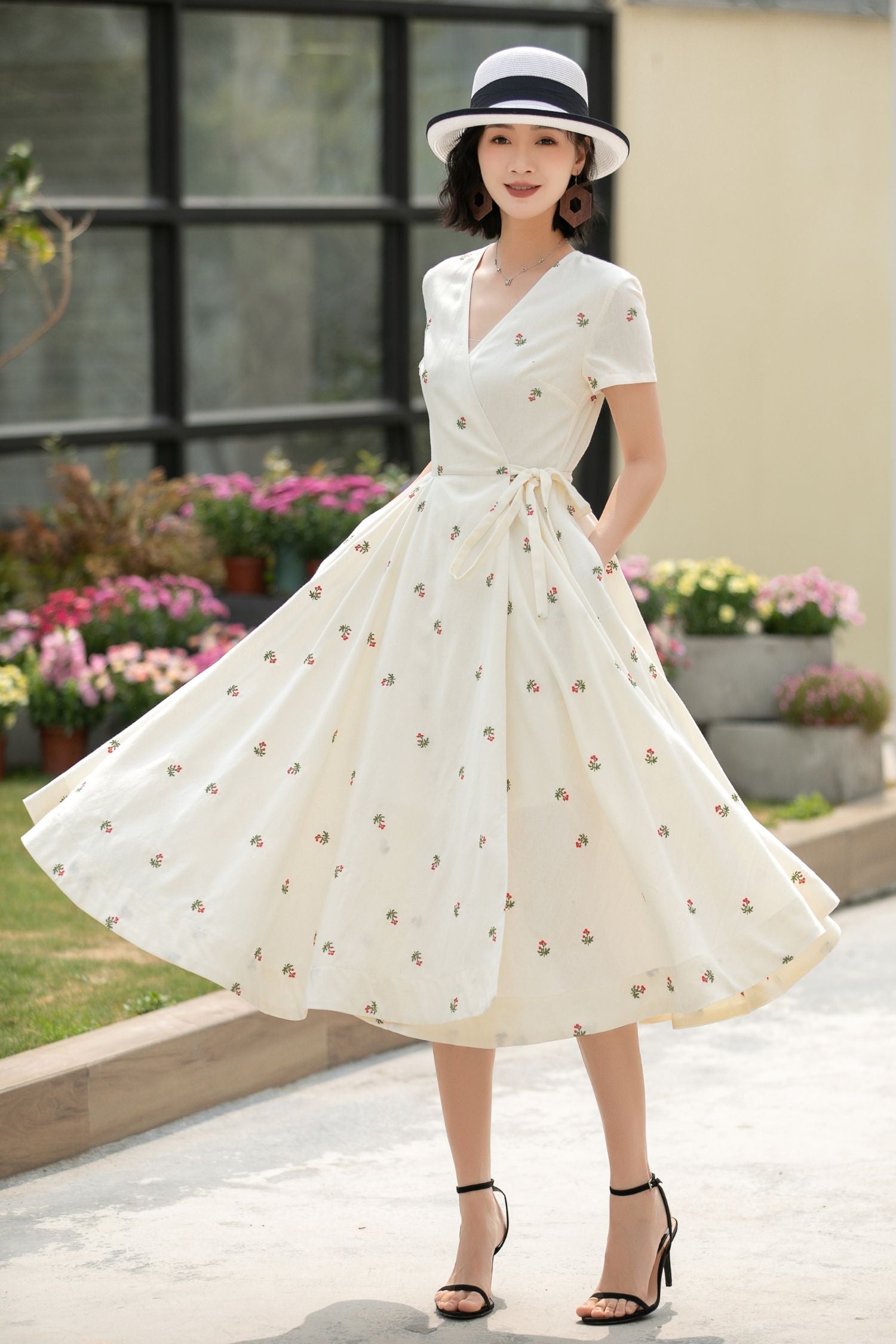 Cream White Embroidered Wrap Dress – Handmade Linen Cotton Summer Midi 5835 Cream White / Custom order