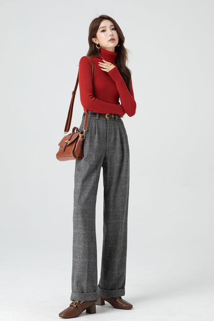 Gray Wool Wide Leg Pants – Vintage High Waist Winter Trousers with Pockets 5320