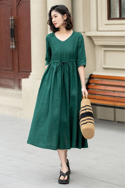 Green midi linen dress with drawstring waist 4969