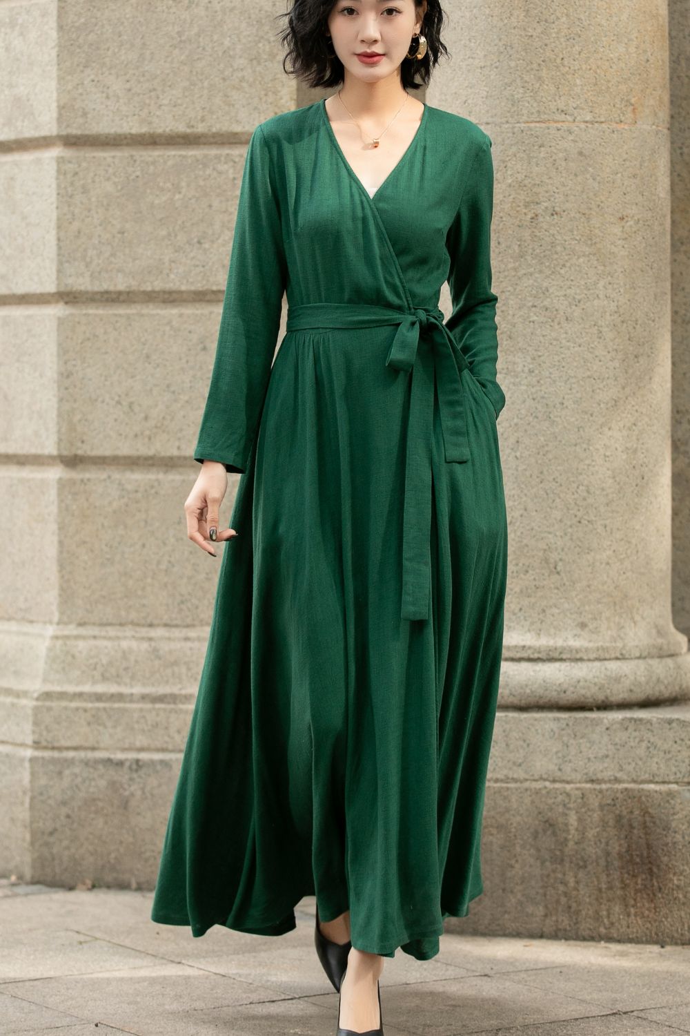 Green Wrap Linen Dress for Women 5673