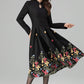 Timeless Black Wool Midi Dress – Floral Embroidery, A-Line Pleats – 6397