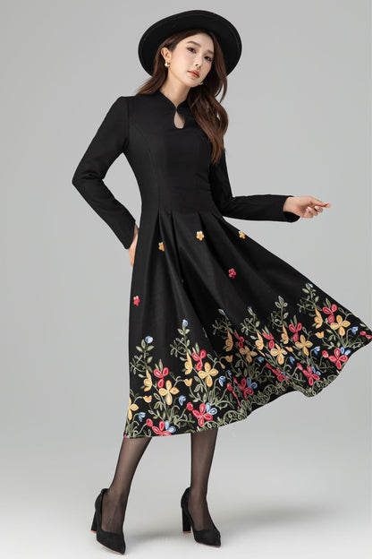 Black Wool Midi Dress - Floral Embroidery, Pleated A-Line Skirt 6397