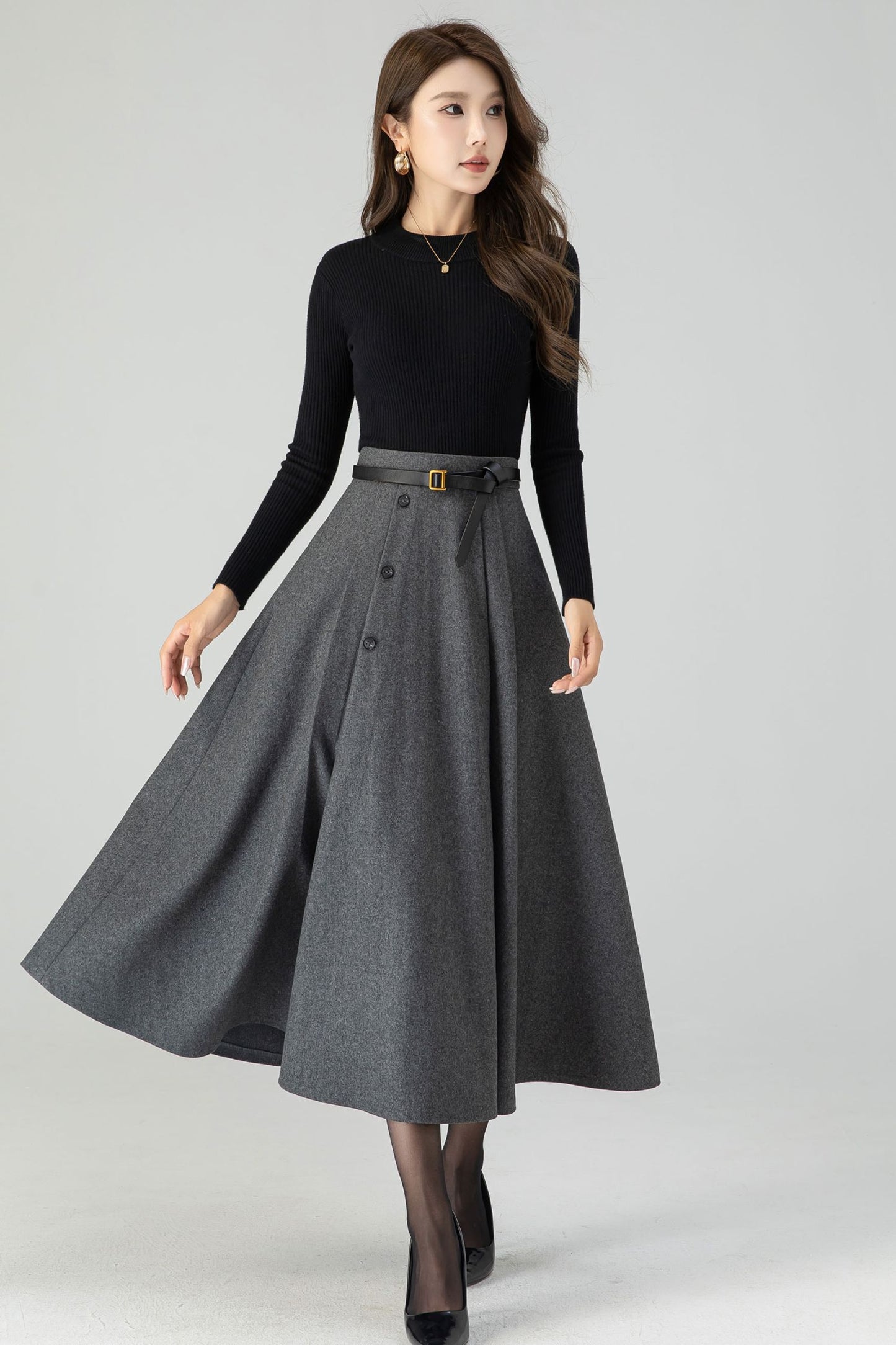 Button down midi winter wool skirt 4557