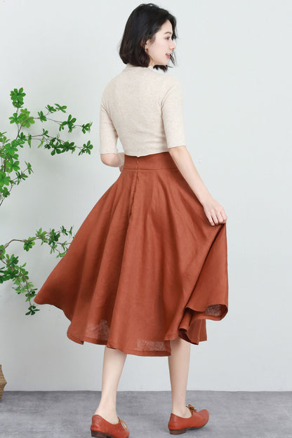 Rust Linen A-Line Midi Skirt - Flowing Circle Hem with Waist Buttons 5730