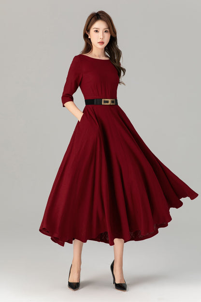 Burgundy Linen Midi Dress – Handmade Romantic Fit & Flare Summer Dress with Pockets | Xiaolizi 4908