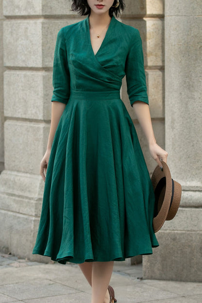 Green Linen Midi Dress - A-Line Flowy Elegance 5677