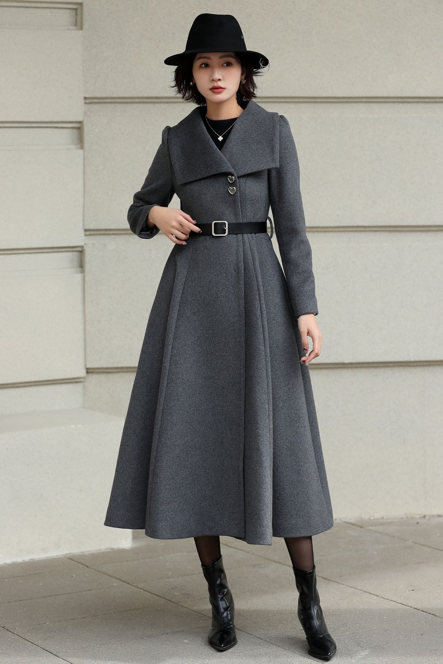 Handmade Vintage Wool Coat – Gray Fit and Flare Belted Midi Winter Coat 6617