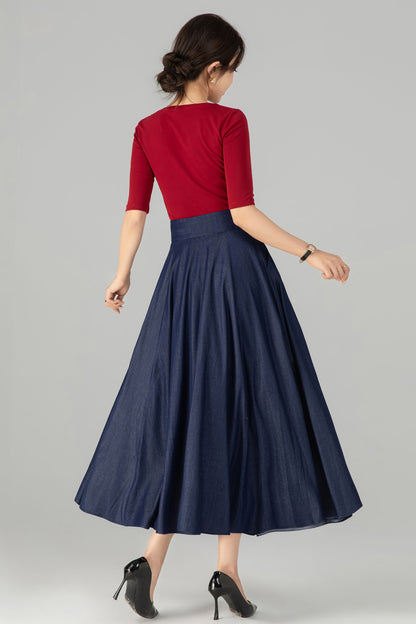 Navy Cotton Denim Midi Skirt - A-Line High Waist Button Front 6143