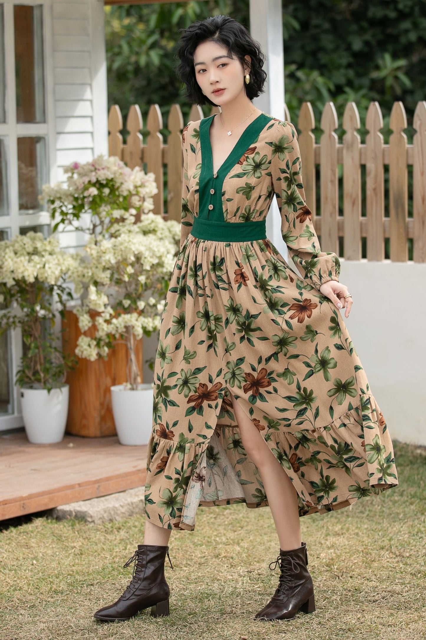 Xiaolizi Boho Linen Midi Dress – Vintage Contrast V Neck 6693