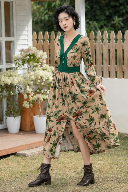 Xiaolizi Boho Linen Midi Dress – Vintage Contrast V Neck 6693