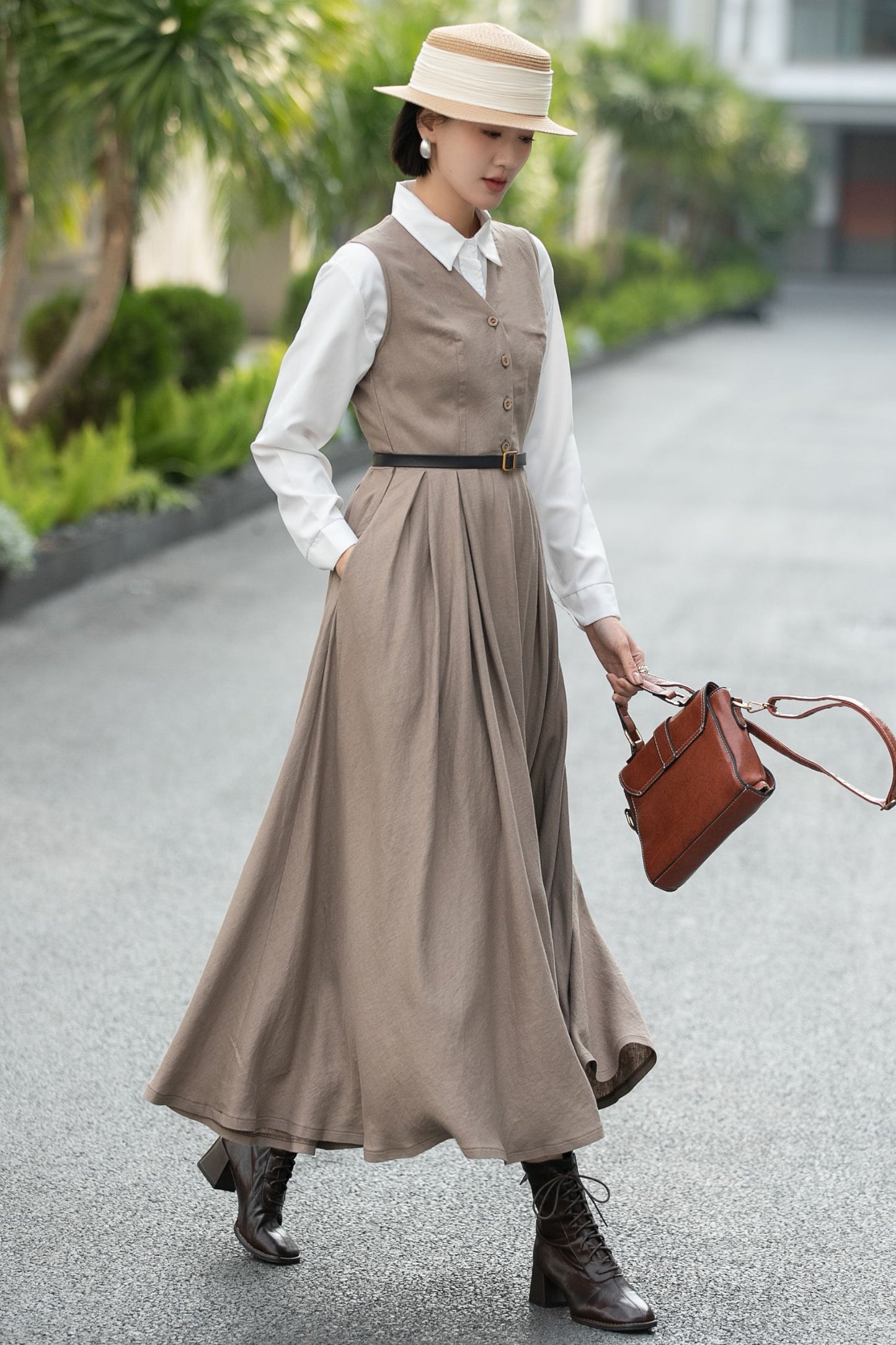 Handmade Linen Cotton Pinafore Midi Dress – Vintage Sleeveless Layering Dress 6657