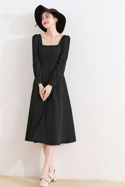 Black Linen Cotton Midi Dress - Square Neckline, Long Sleeve Swing 2514
