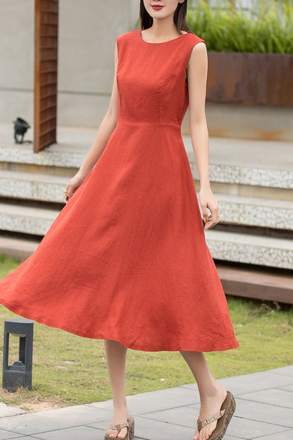 Orange sleeveless summer midi linen dress 2741