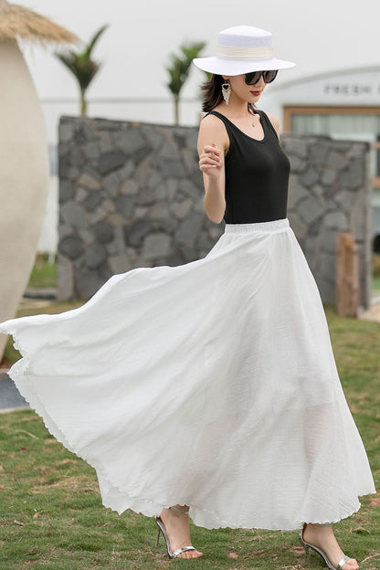 Boho Elastic Waist Pleated Maxi White Skirts 2718